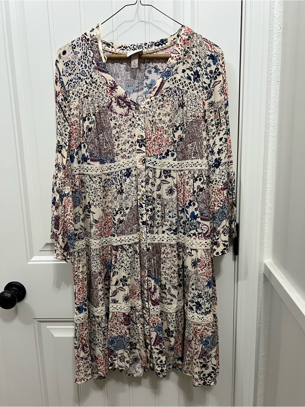 Knox Rose Cream Floral Tiered Mini Dress with Blue & Pink Accents